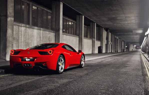 Красный, Ferrari, red, спорткар, феррари, 458, тунель, Italia