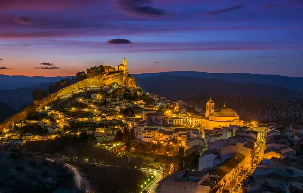 Картинка огни, скалы, дома, Испания, Монтефрио