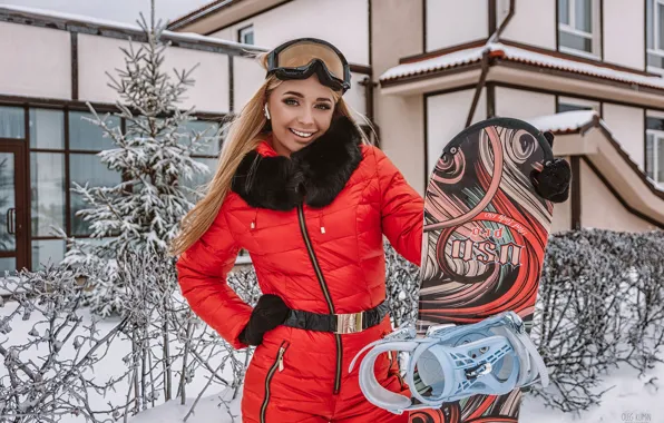 Картинка зима, девушка, поза, улыбка, сноуборд, очки, комбинезон, Анастасия Захарова