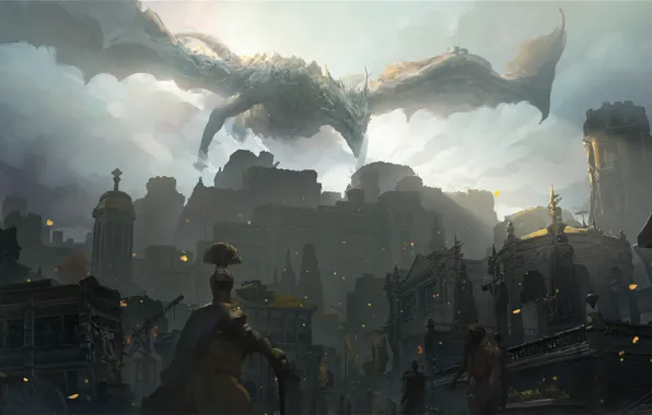 Город, дракон, монстр, фэнтези, Elden Ring, by zeyuz, Солдаты Лейнделла