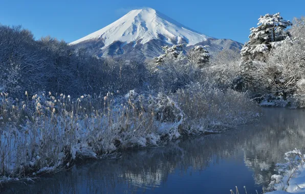 Картинка зима, небо, снег, деревья, природа, река, гора, Япония