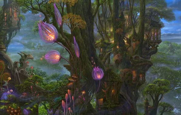Картинка лес, небо, свет, деревья, цветы, туман, сказка, домики