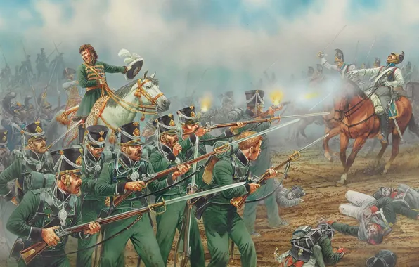 Картинка оружие, рисунок, бой, арт, солдаты, выстрелы, Отечественная война, офицеры