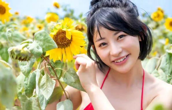 Asian, Model, Flower, Smile, Bed, Woman, Pretty, Japanese