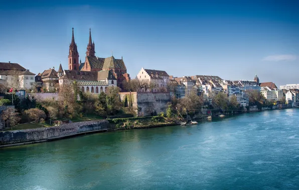 Картинка река, дома, Швейцария, Рейн, Базель