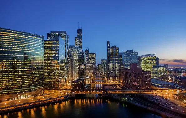 Картинка мост, город, здания, небоскребы, вечер, Чикаго, USA, Иллинойс