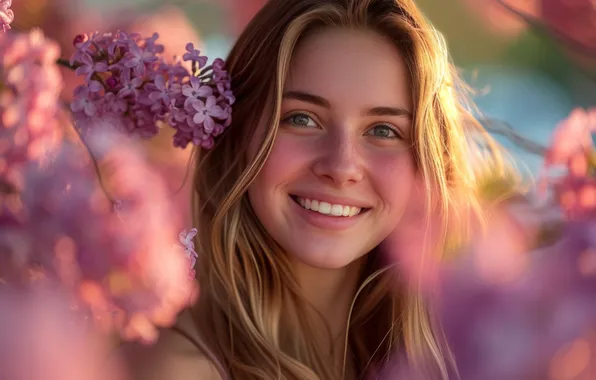 Взгляд, девушка, свет, цветы, лицо, улыбка, портрет, весна
