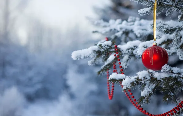Снег, новый год, шар, рождество, ёлка, christmas