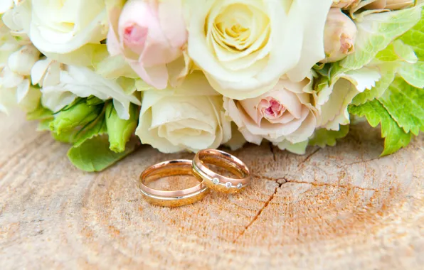 Розы, букет, кольца, свадьба, White, Roses, wedding, обручальные