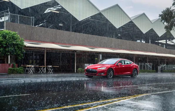 Красный, Дождь, Автомобиль, Model, Tesla, Motors, P85, 2012-14