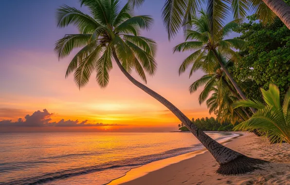 Пляж, закат, тропики, пальмы, океан, берег, beach, ocean
