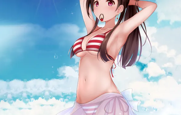 Girl, sexy, cleavage, long hair, sea, boobs, anime, water