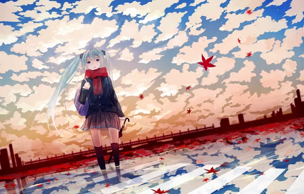 Картинка осень, зонтик, аниме, девочка, листочки, вокалоид, anime, мику