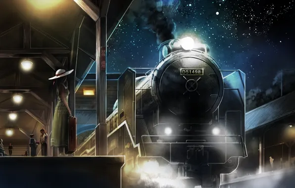 Картинка девушка, звезды, ночь, люди, дым, поезд, станция, шляпа