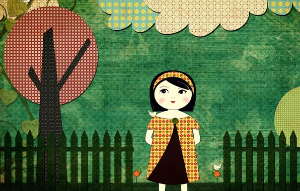 Картинка девушка, облака, деревья, птицы, забор, Печворк