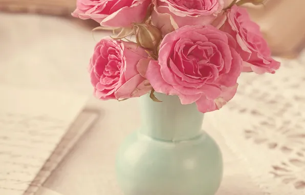 Картинка розы, букет, ваза, vintage, flower, style, pink, винтаж