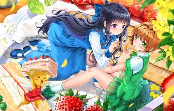 Девочки, аниме, арт, торт, Card Captor Sakura