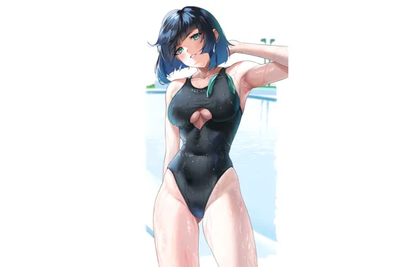 Girl, hot, sexy, wet, blue, anime, short hair, pretty