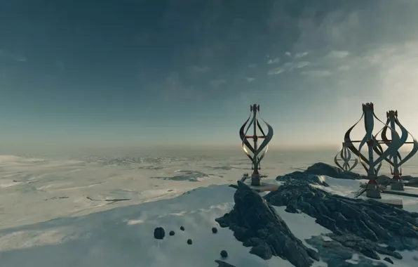 Холод, небо, снег, пустыня, планета, лёд, ветряки, starfield