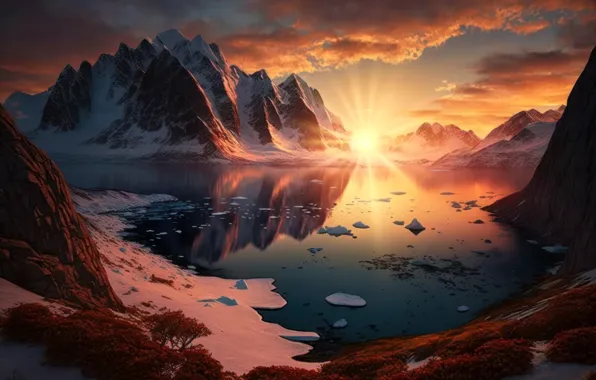 Nature, Landscape, Sunset, Mountains, Arctic, Lake, Scenic, Reflection