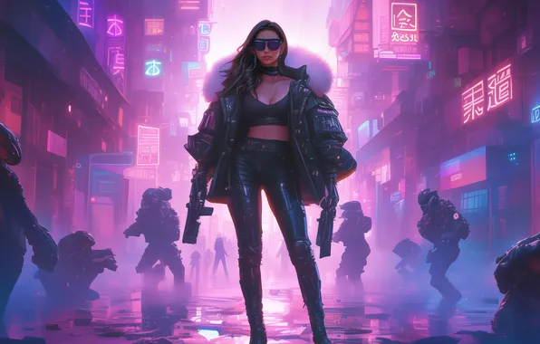 City, gun, weapon, neon, cyberpunk, women, AI art