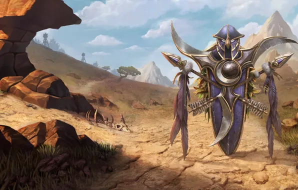 Картинка World of Warcraft, game, desert, mountains, weapons, digital art, artwork, shield