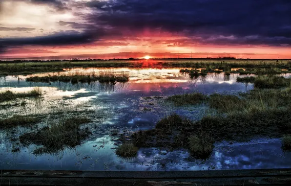 Картинка солнце, закат, тучи, болото, горизонт