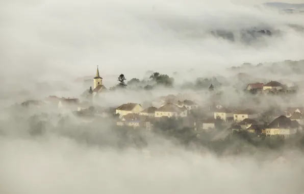 Картинка туман, утро, церковь, городок, поселок