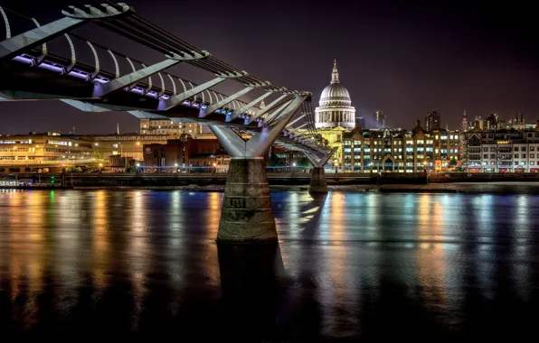 Картинка ночь, мост, Лондон, Великобритания, Millennium Bridge