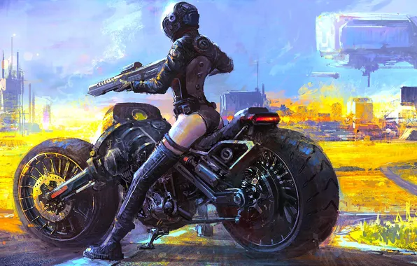 Картинка девушка, оружие, фантастика, арт, шлем, байк, sci-fi
