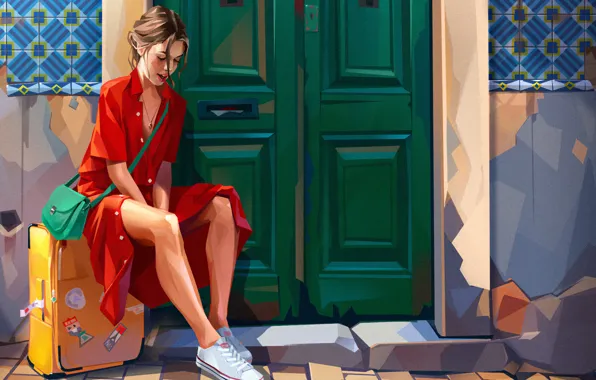 Плитка, отпуск, двери, vacation, девушка в красном платье, tiles, doors, white sneakers