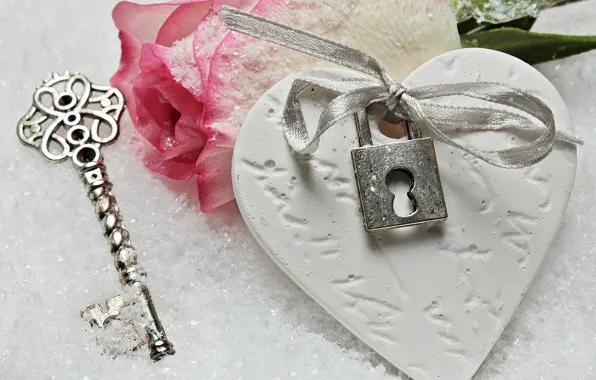 Картинка love, rose, heart, winter, snow, key, romantic, lock