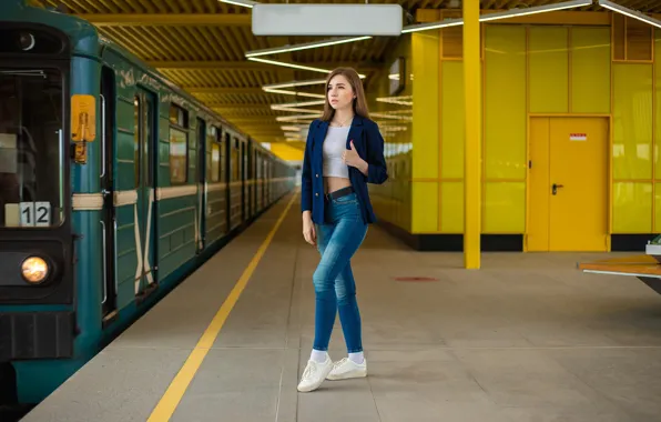 Model, women, jeans, brunette, subway, socks, sneakers, public