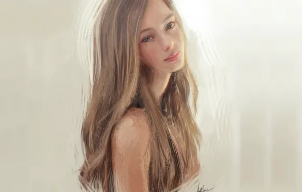 Картинка пастель, серый фон, плечо, шея, русые волосы, портрет девушки, нежная улыбка, by Astrid Aguirre
