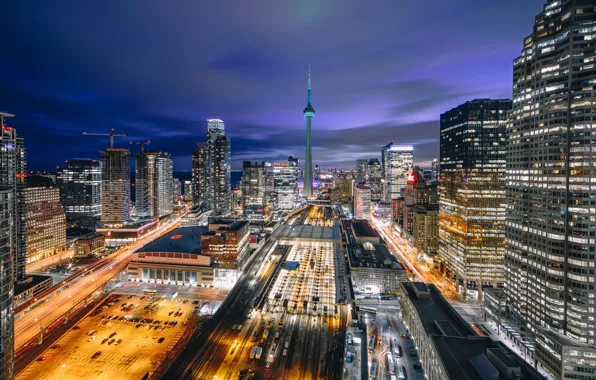 Картинка город, огни, дома, вечер, Канада, Торонто