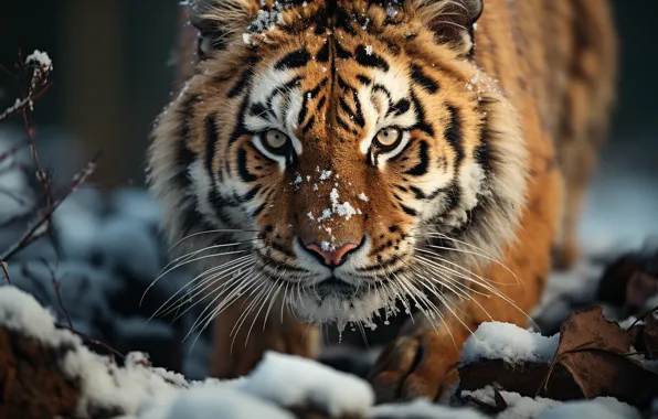 Зима, взгляд, морда, снег, природа, тигр, портрет, ИИ-арт