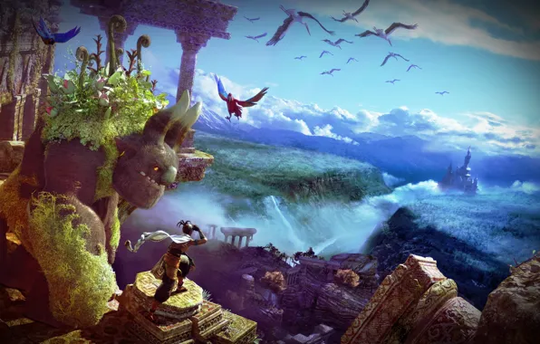 Птицы, замок, Action, руины, облока, Adventure, воин и могущественное существо, Majin and the Forsaken Kingdom