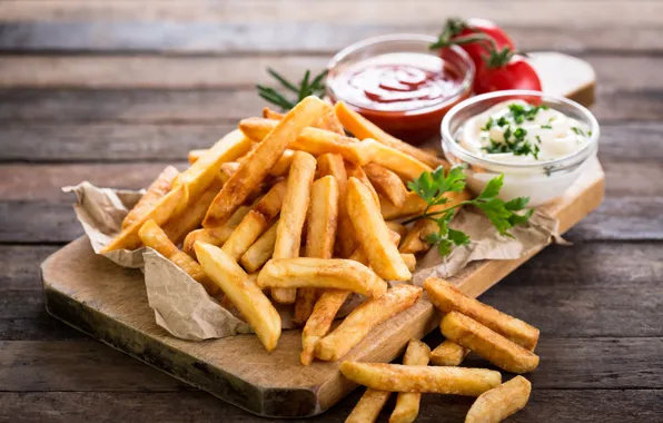 Wood, tomatoes, french fries, Portion