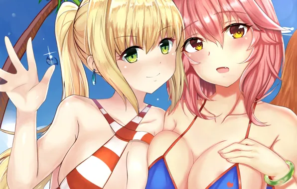 Sexy, cleavage, pink hair, green eyes, long hair, girls, boobs, anime