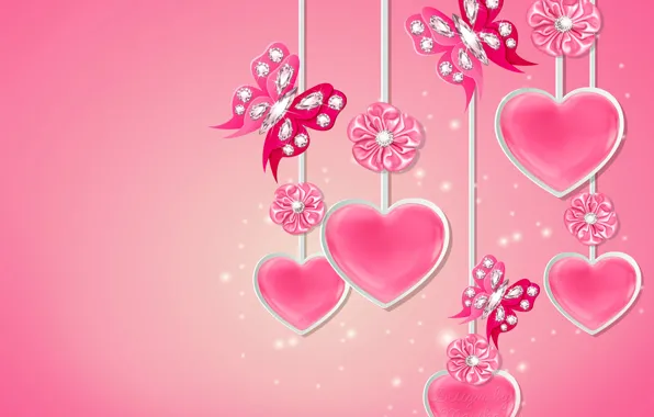 Бабочки, сердце, бриллианты, love, бант, heart, pink, romantic
