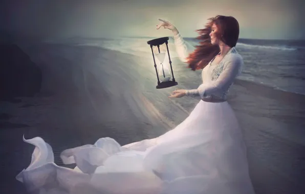 Девушка, ветер, берег, часы, платье, арт
