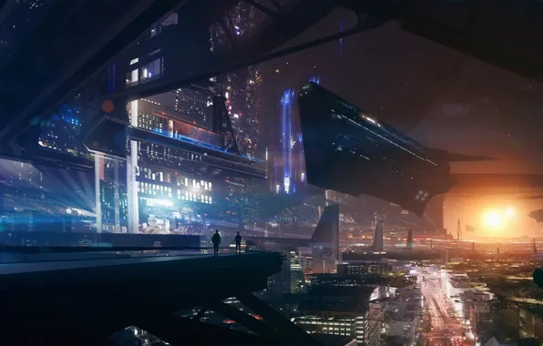 Город, фантастика, art, ship