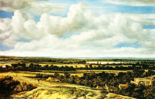 Картина, Филипс Конинк, Philips Koninck, Пейзаж с дорогой у реки