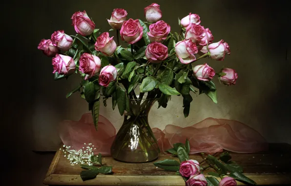 Картинка цветы, стол, розы, ваза, натюрморт, тюль