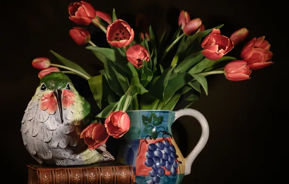 Цветы, книги, букет, курица, тюльпаны, красные, кувшин, черный фон