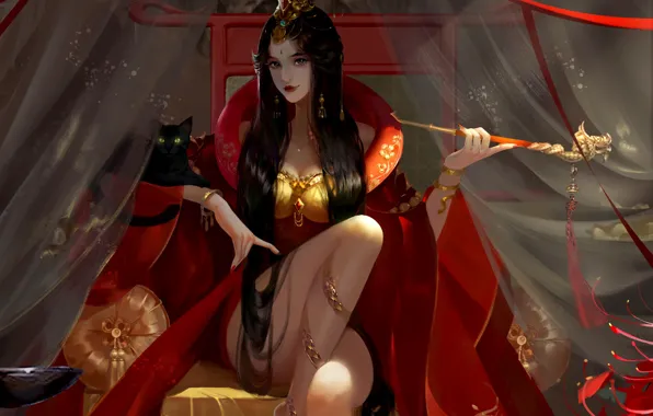 Красный, Девушка, Кошка, Трубка, Стиль, Girl, Платье, Азия
