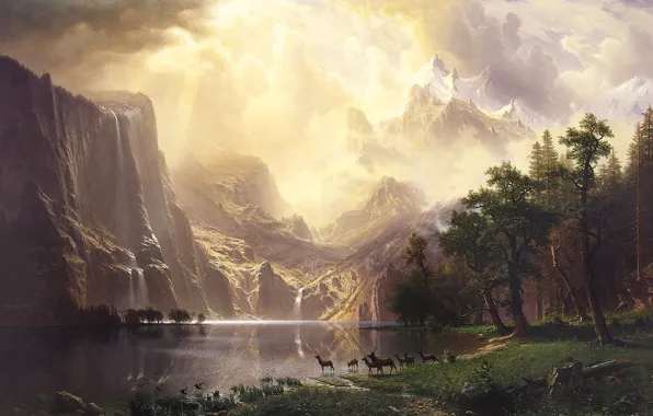 Картинка пейзаж, природа, арт, Albert Bierstadt, Альберт Бирштадт, Among the Sierra Nevada Mountains-California