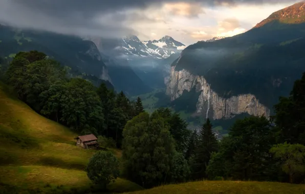 Картинка лес, горы, Альпы, домик