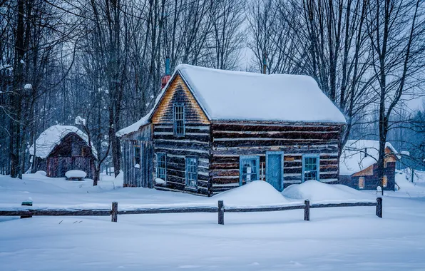 Картинка снег, дом, Miners Log Cabin