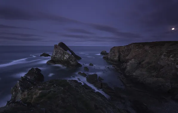 Море, ночь, скалы, Шотландия, полнолуние